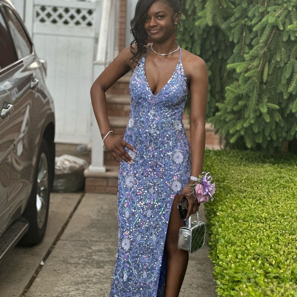 Jasz Couture Periwinkle Sequin Prom Gown with Slit #7613
